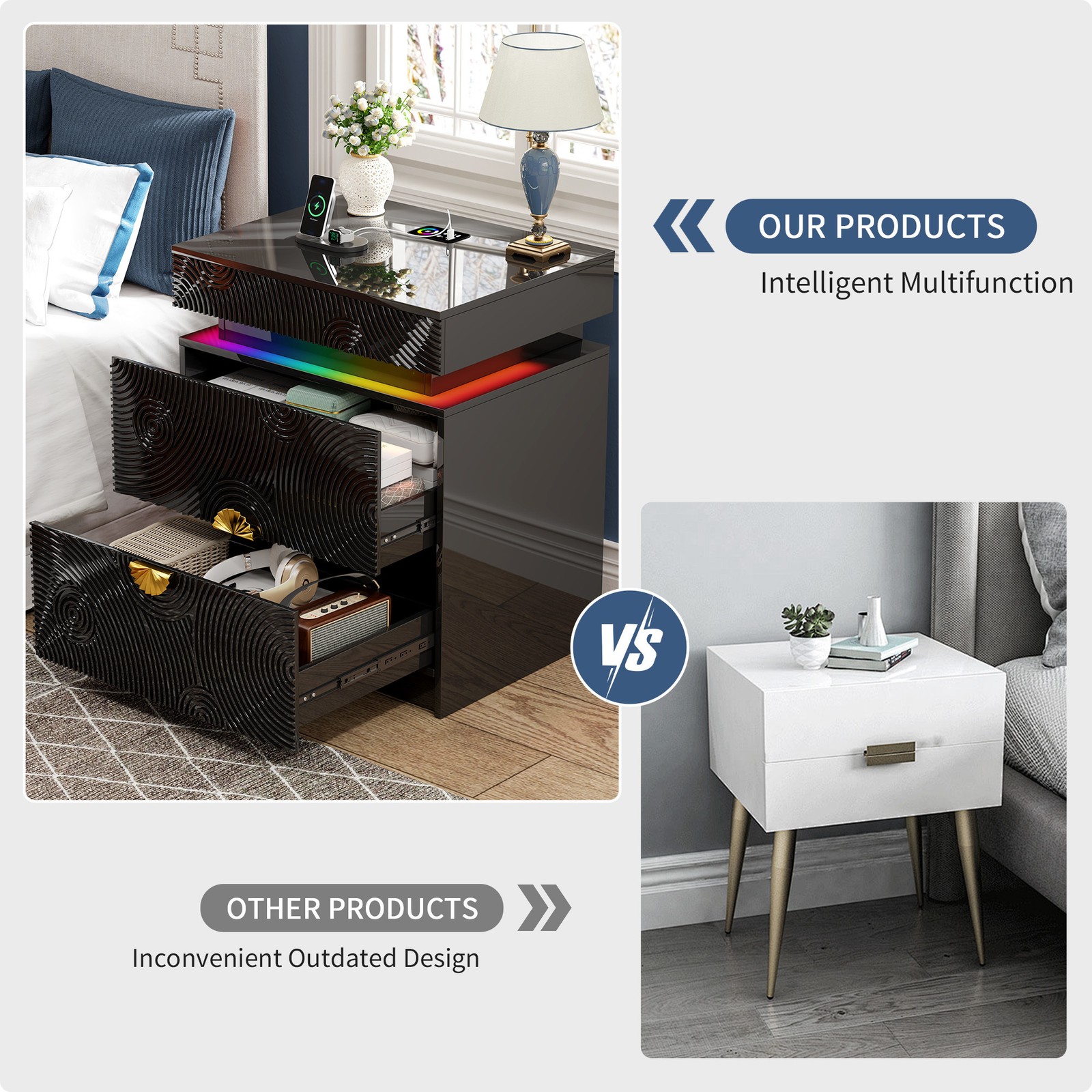 Nightstand with Hidden Drawer, Night Stand with RGB Lights and Charging Station