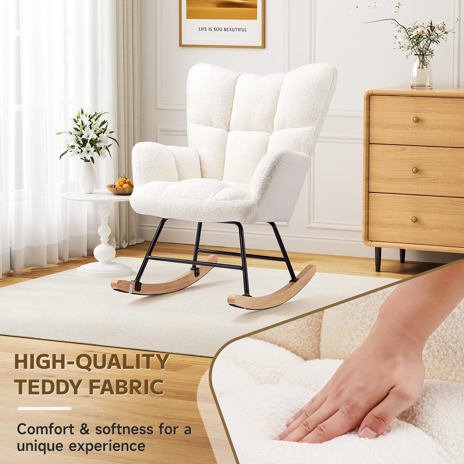 Fluffy Rocking Recliner Chair – Cozy Reading & Bedtime Relaxation (Beige)