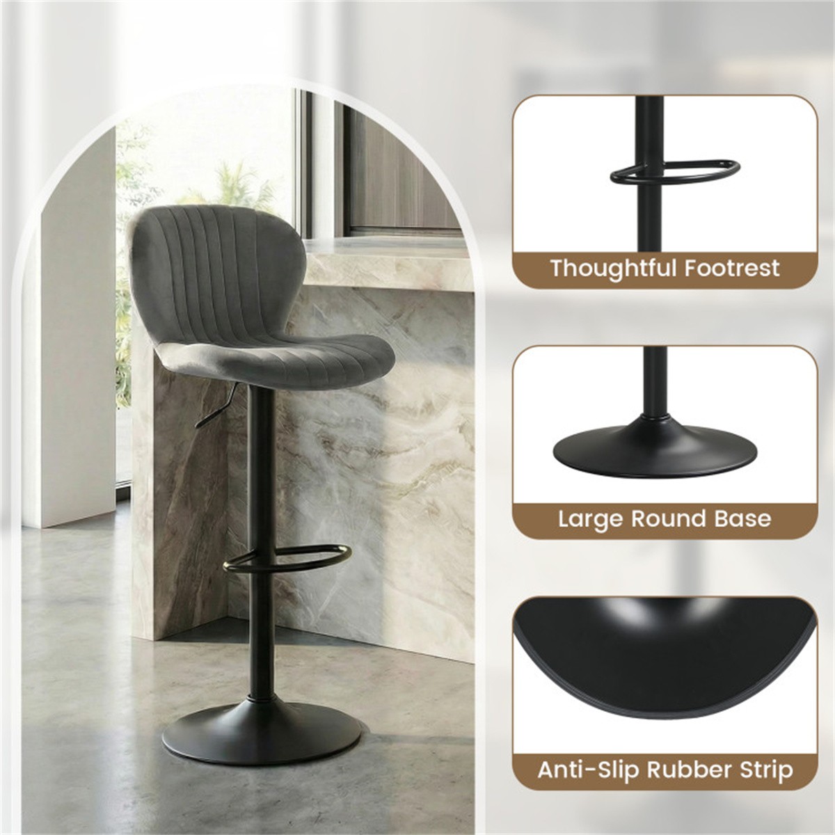 2-Pack Gray Adjustable Height 360 Degree Swivel Dutch Velvet Upholstered Bar