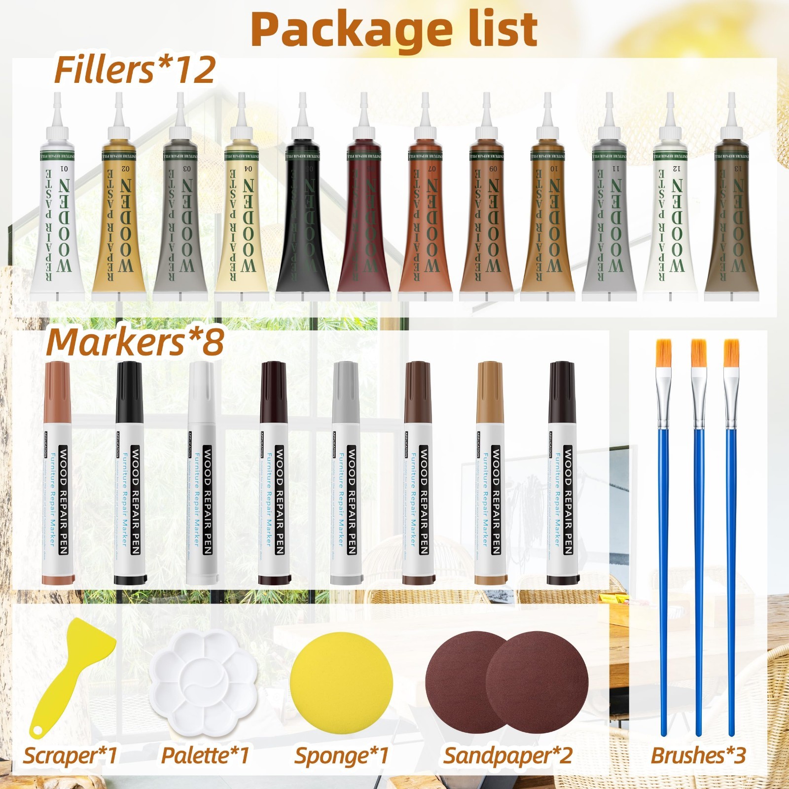 Wood Furniture Repair Kit – 12 Color Fillers & 8 Touch-Up Markers – Fix Scratche