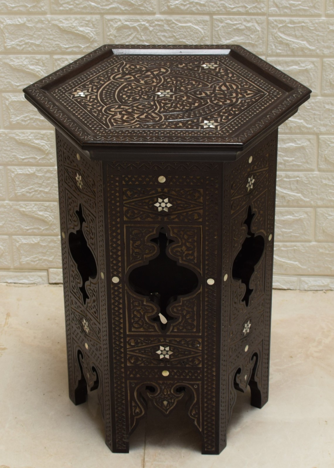 Hand Carved Moroccan Side Table Mother of Pearl Inlay Handmade Wooden Accent End