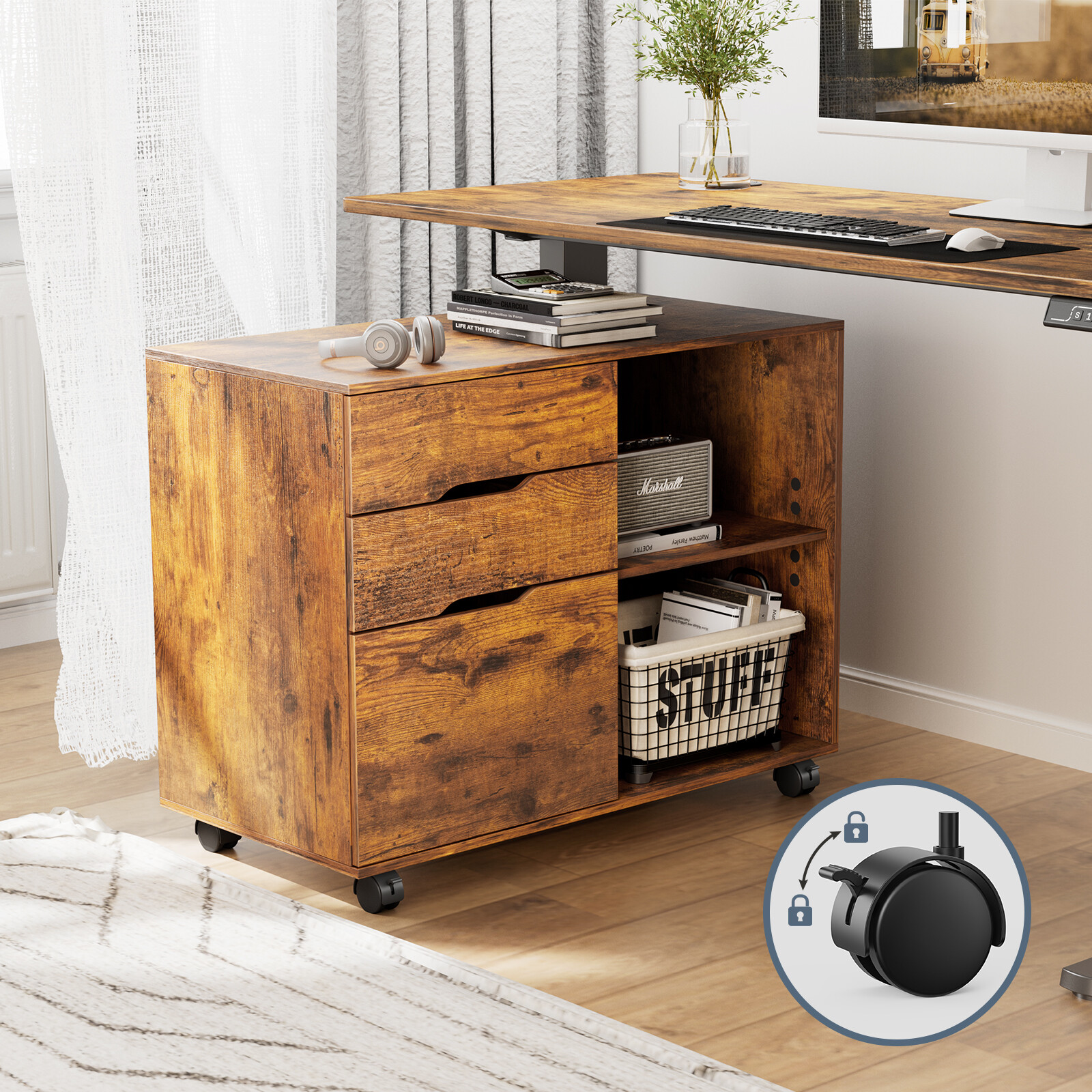 HOMEFLA Rolling Wooden Printer Stand Under Desk Storage Organizer with 3 Drawers