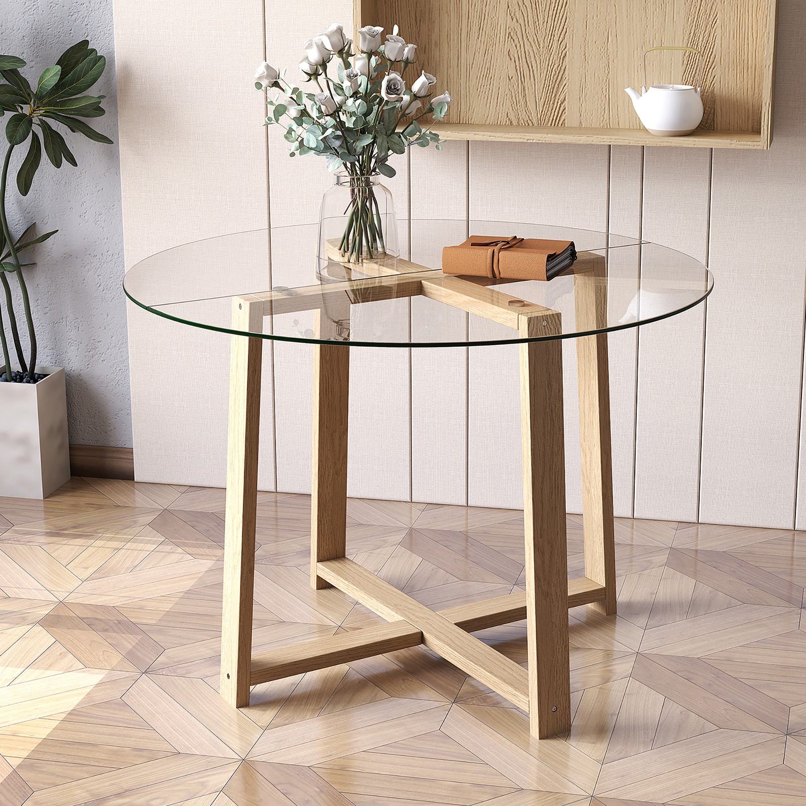 42″ Round Glass Dining Table w/ 0.3″ Tempered Glass Tabletop
