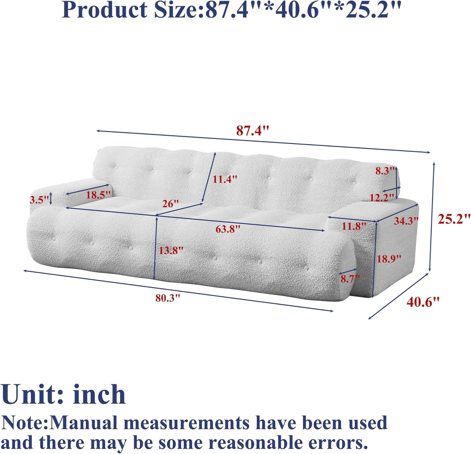 87.4″ Fabric Chenille Sofa 3 Seater Comfy Cloud Sofa Couch No Assembly Required