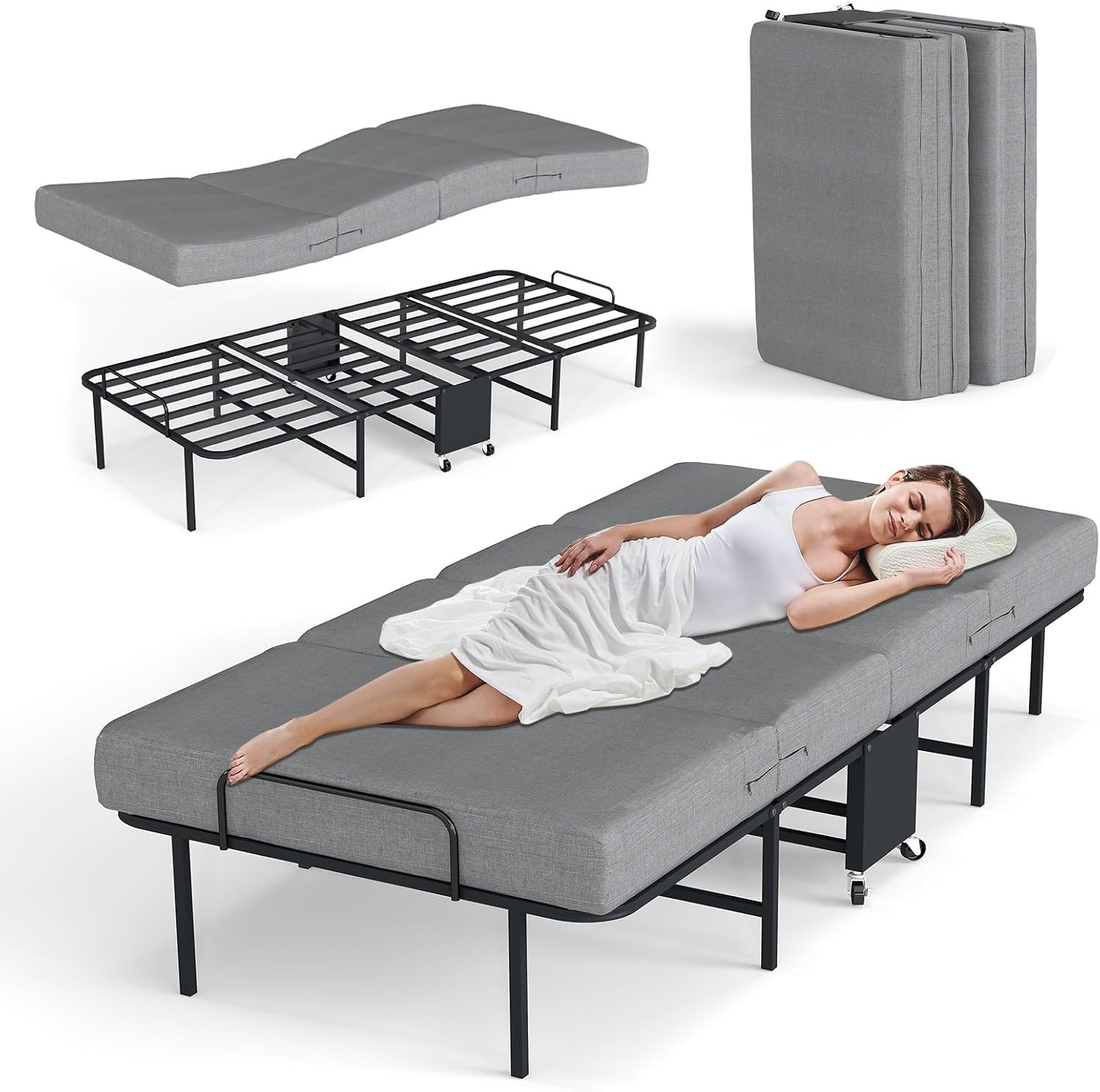 Portable Foldable Bed with Mattress Rollaway for Adults, 75” x 38″