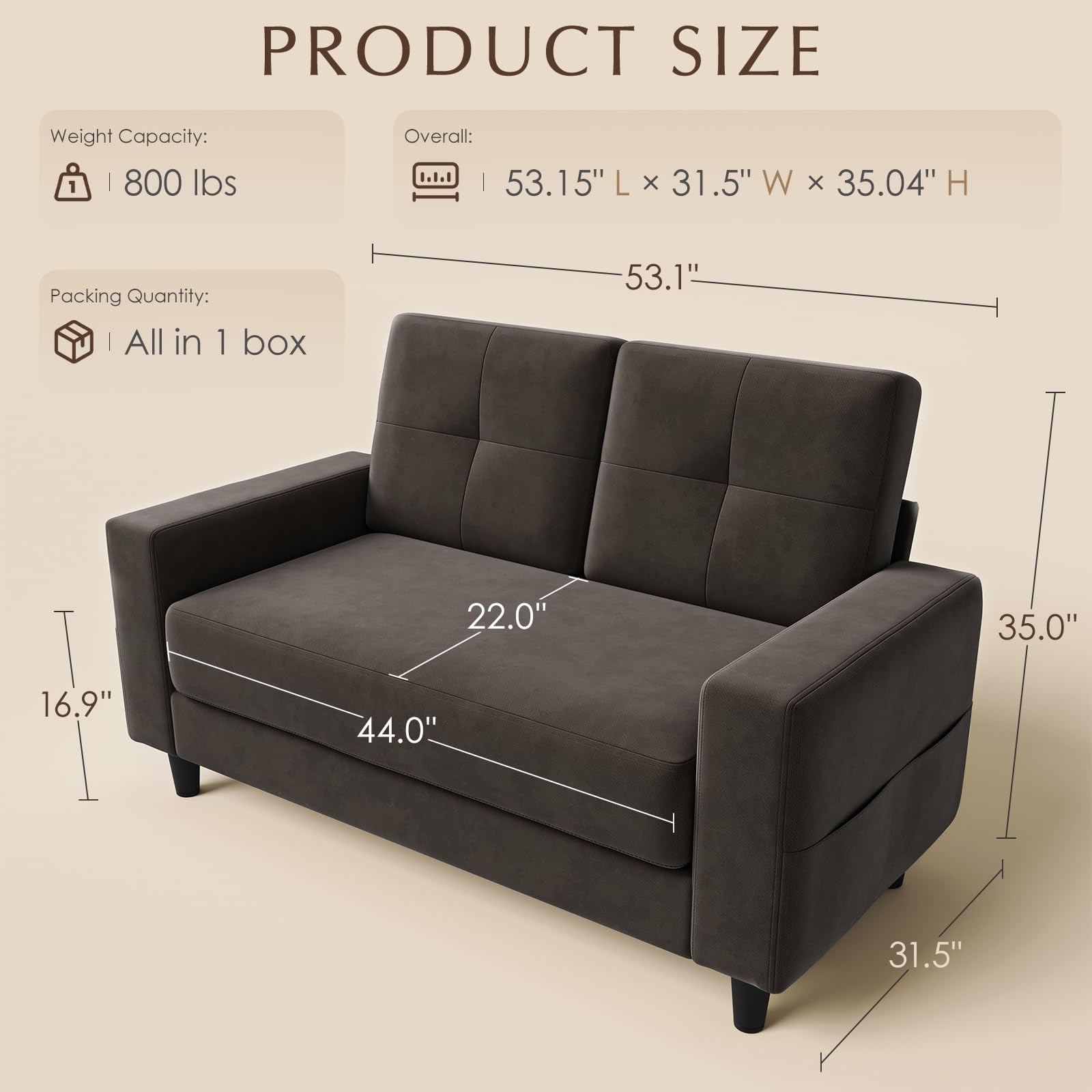 Loveseat Sofa丨53 inch Love Seat Small Couch for Small Space 丨7.5”