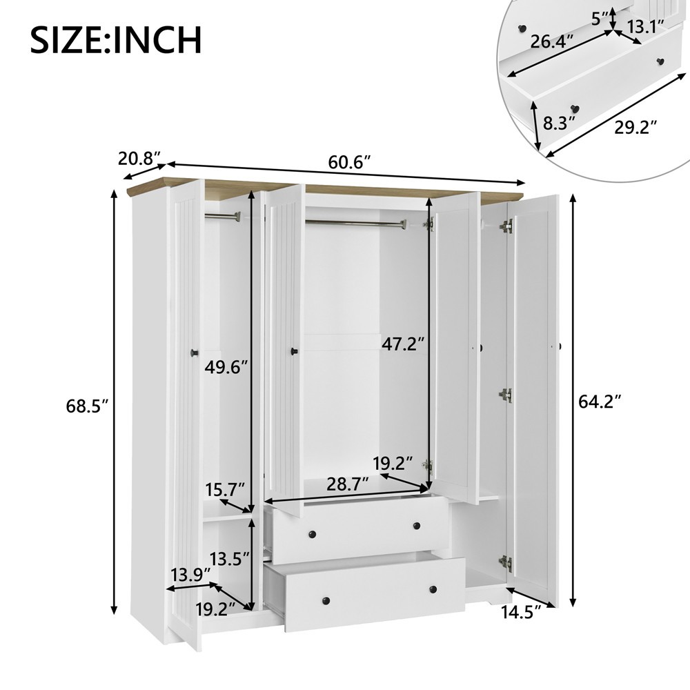 4 Doors Freestanding Wardrobe Armoire Closet Storage Cabinet Clothes, 2 Drawers