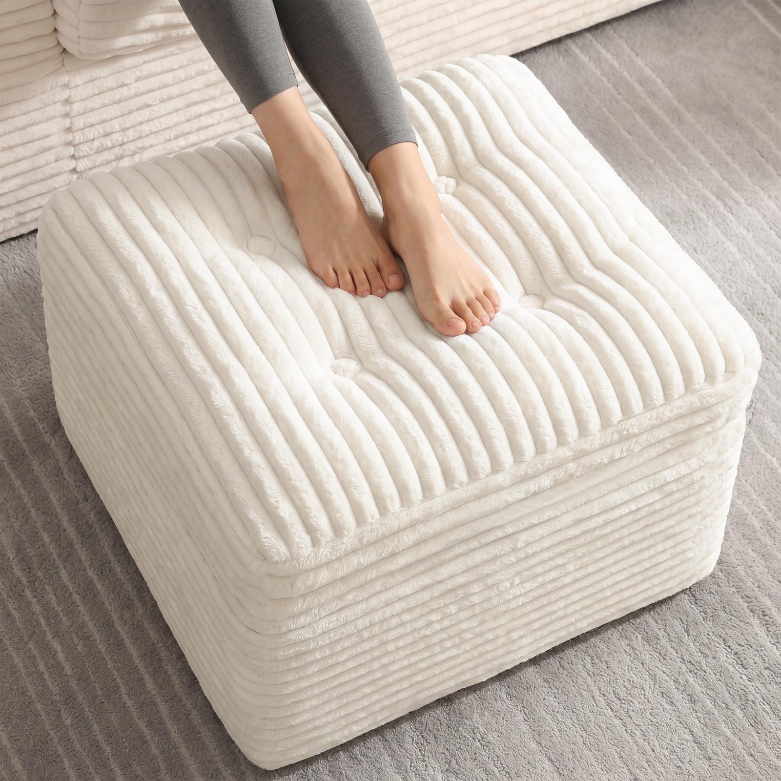 Fabulcozy 23.6in Pouf Ottoman, Corduroy 23.6″D x 23.6″W x 16.5″H, Beige
