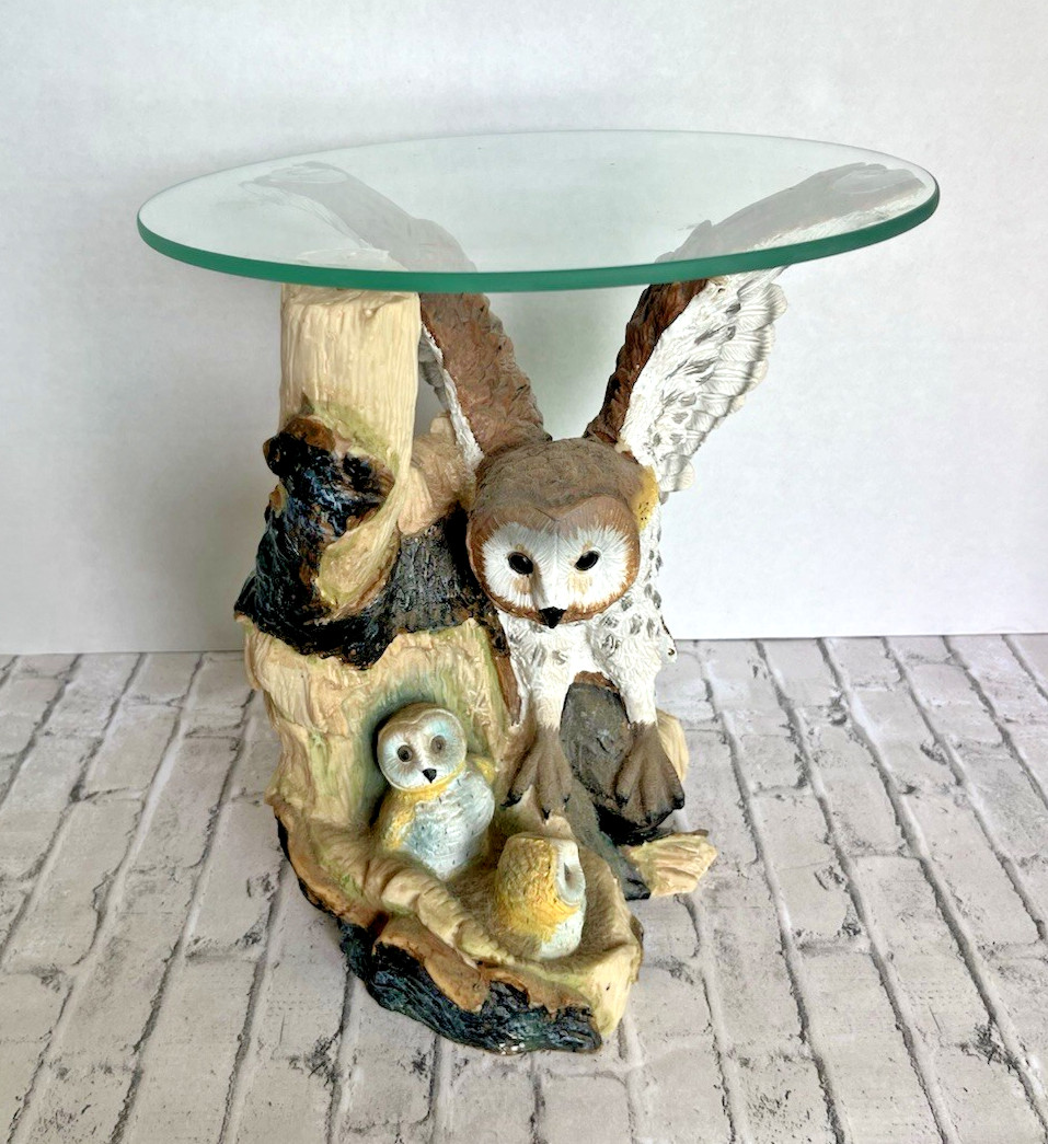 Vintage Resin Owl & Fledglings End Side Table Clear Round Glass Top Nature Decor