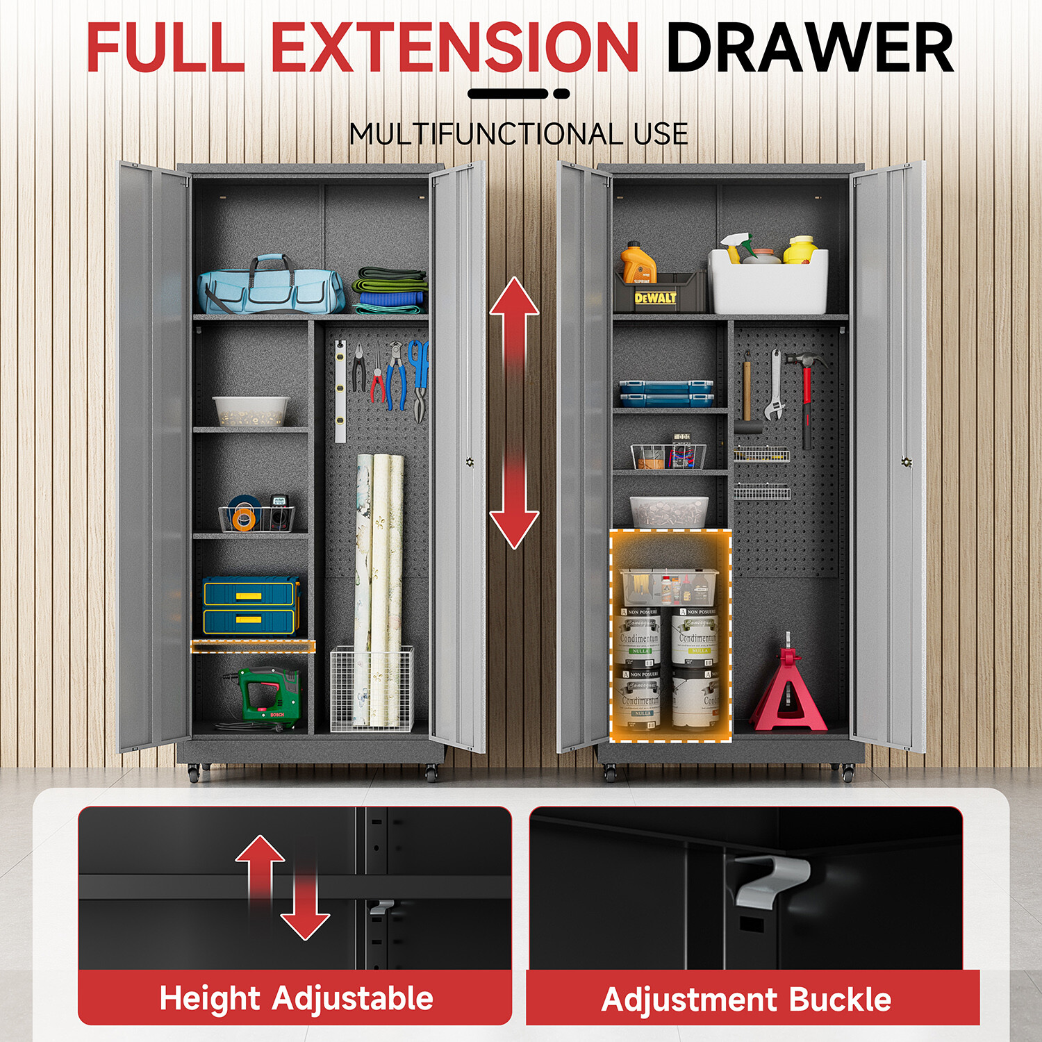 Metal Garage Cabinet, Broom Closet Storage Cabinet with Adjustable Shelves