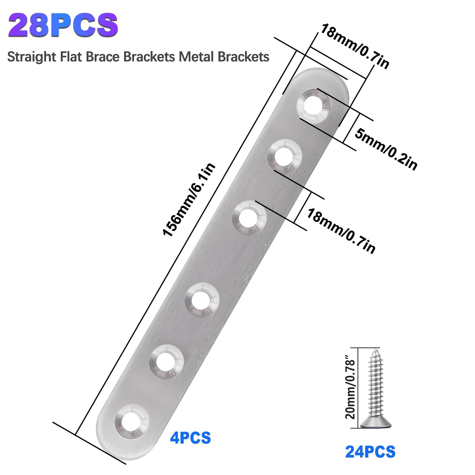 28PCS Stainless Steel Straight Flat Brackets, Metal Brackets for Wood (6.1×0….