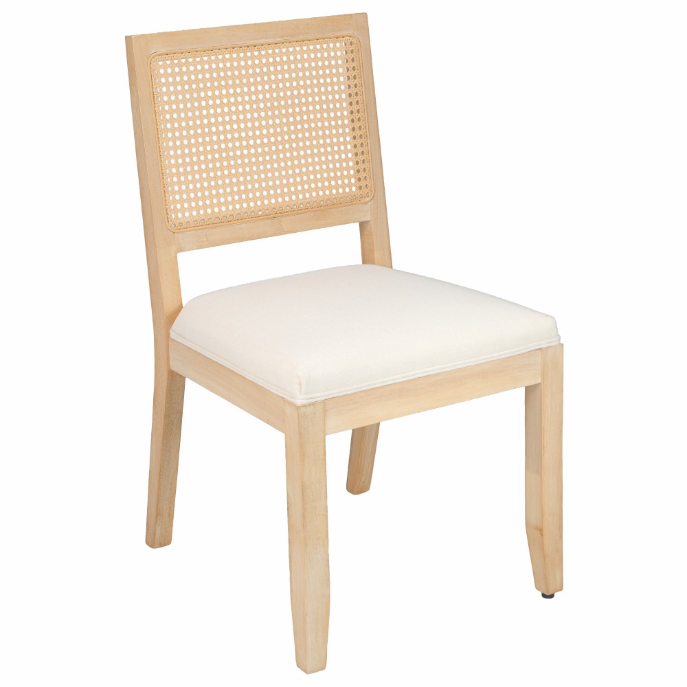 Farmhouse Rattan Dining Chairs Set of 2, Cane Back, Linen Upholstery, Beige