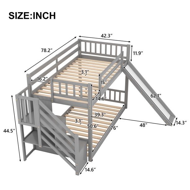 Bunk Bed Twin Over Twin with Slide and Stairway for Kids