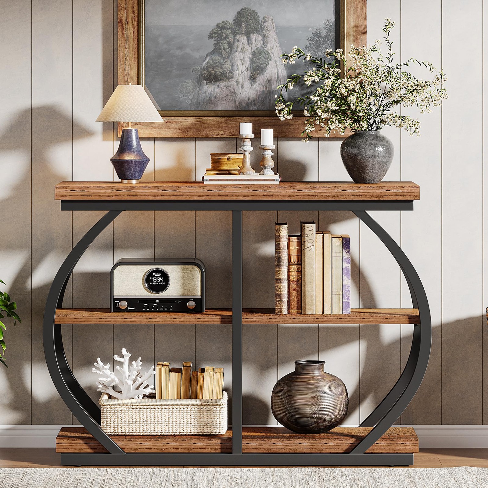 41.3″ Console Table Industrial 3-Tier Entryway w/Metal Frame & Stone Base