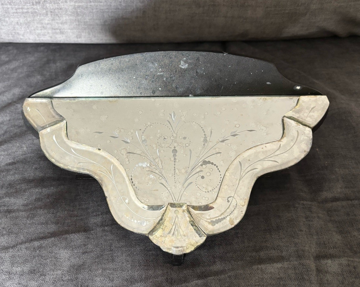 vintage ornate Victorian style Beveled Carved Mirrored black wall sconce shelf