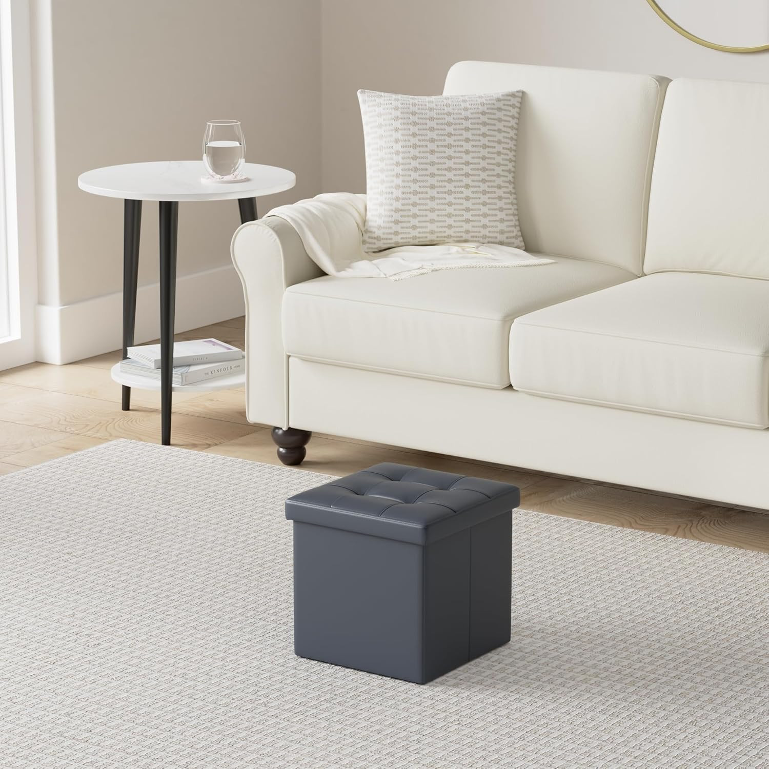 Storage Ottoman, Foldable Foot Rest Stool, 13X12X12 Inches Small Leather Bench w