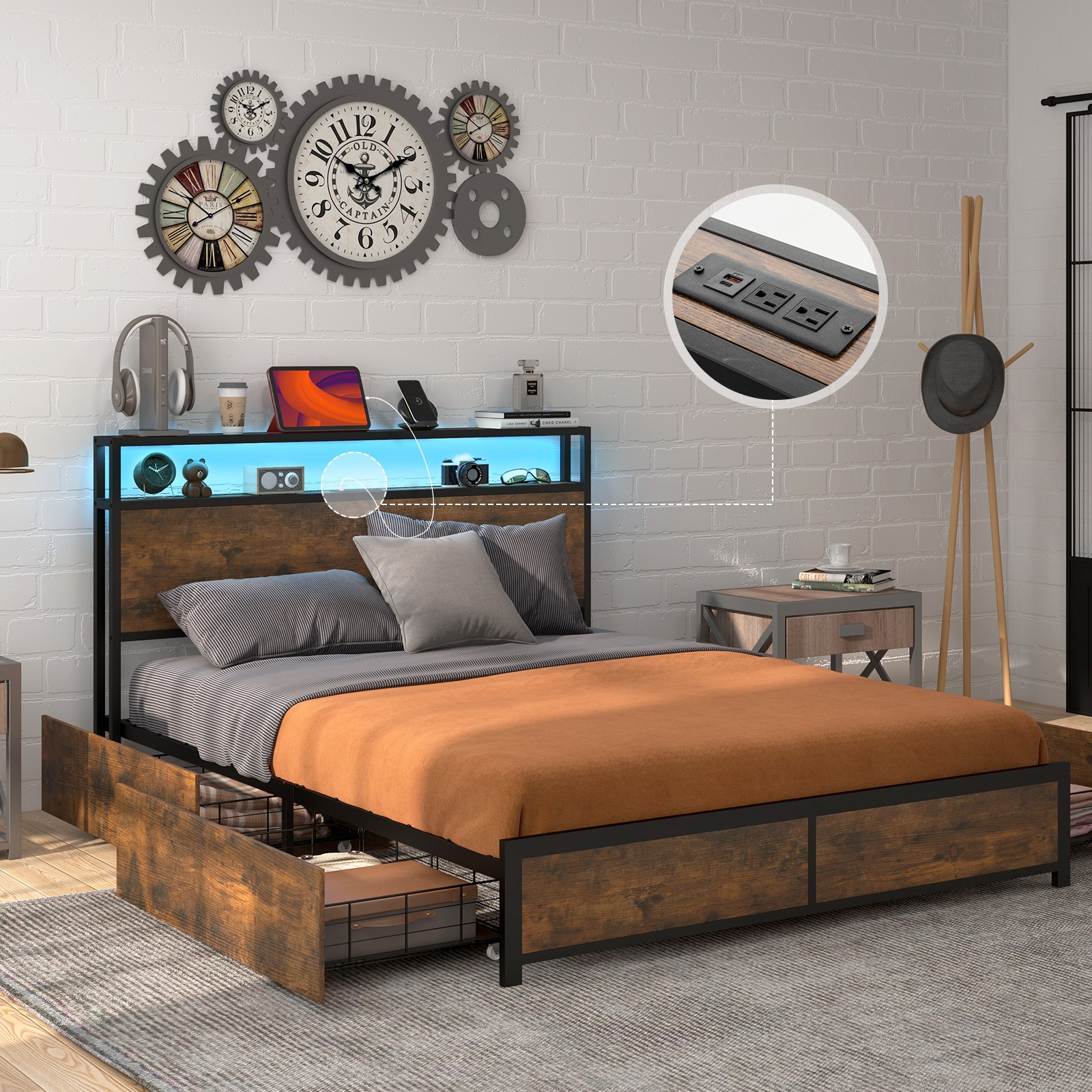 Full Industrial Platform Bed Frame with Storage Drawers & LED Lights Headboard
