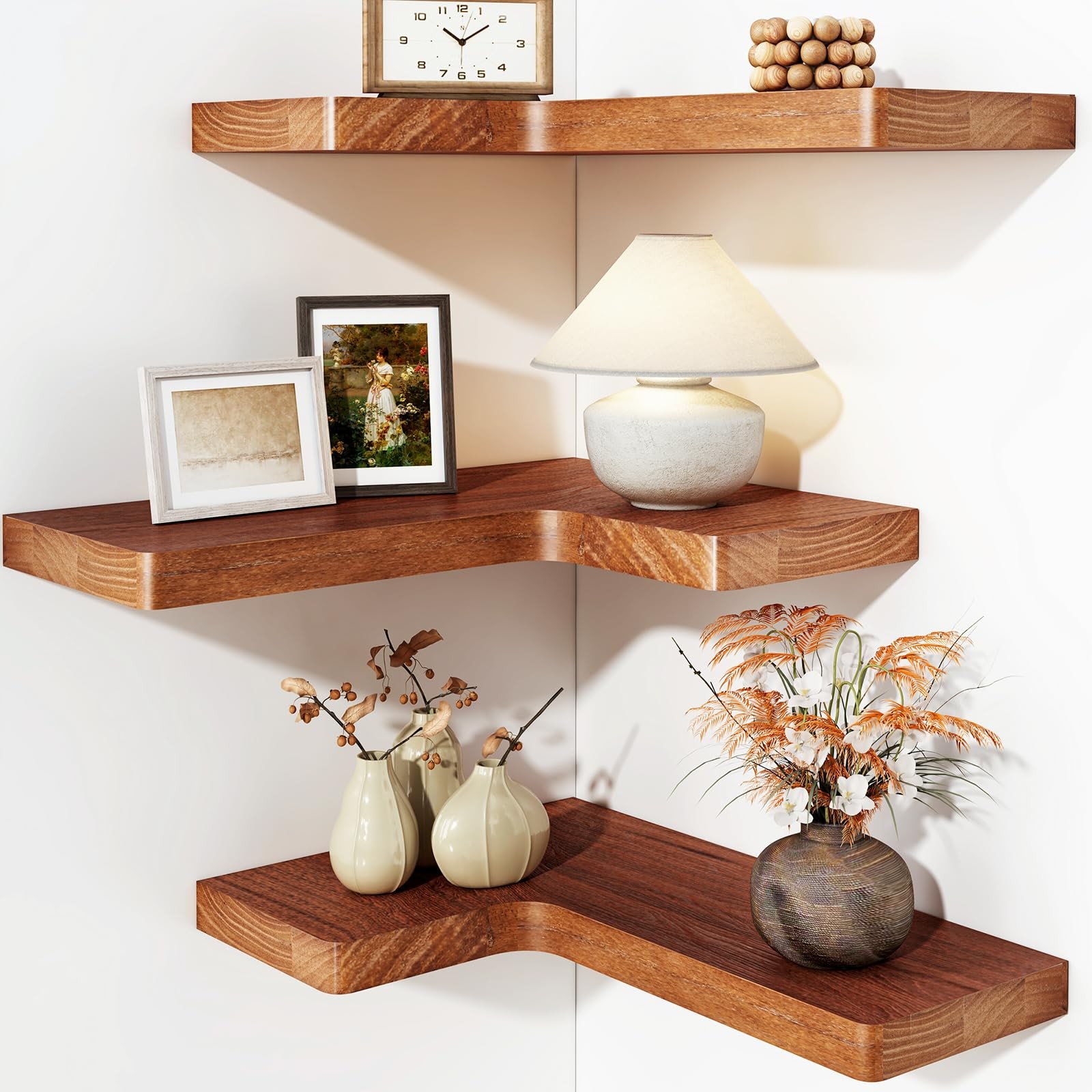 Corner Floating Shelves Solid Wood Wall Mount Farmhouse 16×11.4in Set of 3