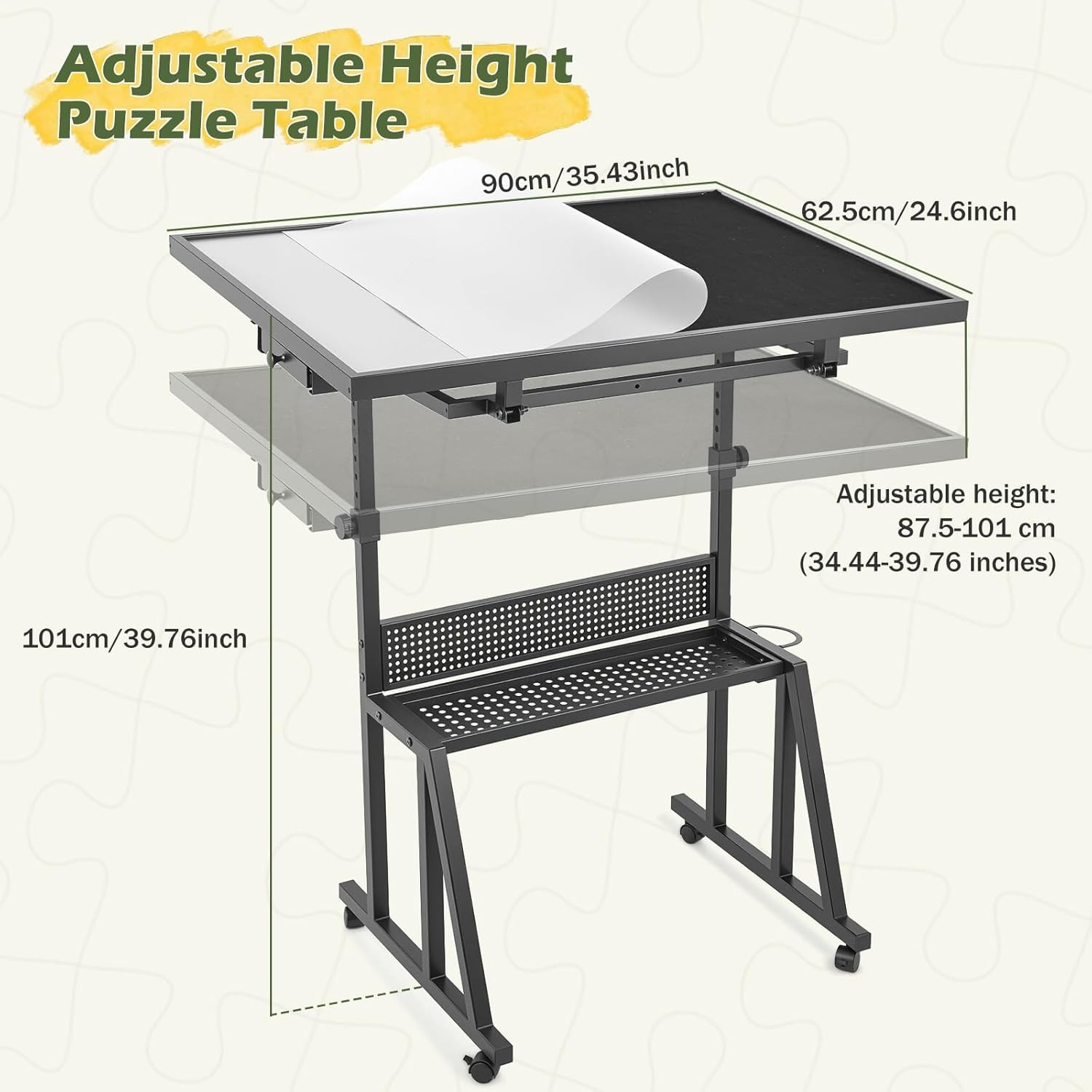 1500 Piece Adjustable Height Tilt Jigsaw Puzzle Table w/ Wheels Sorting Trays