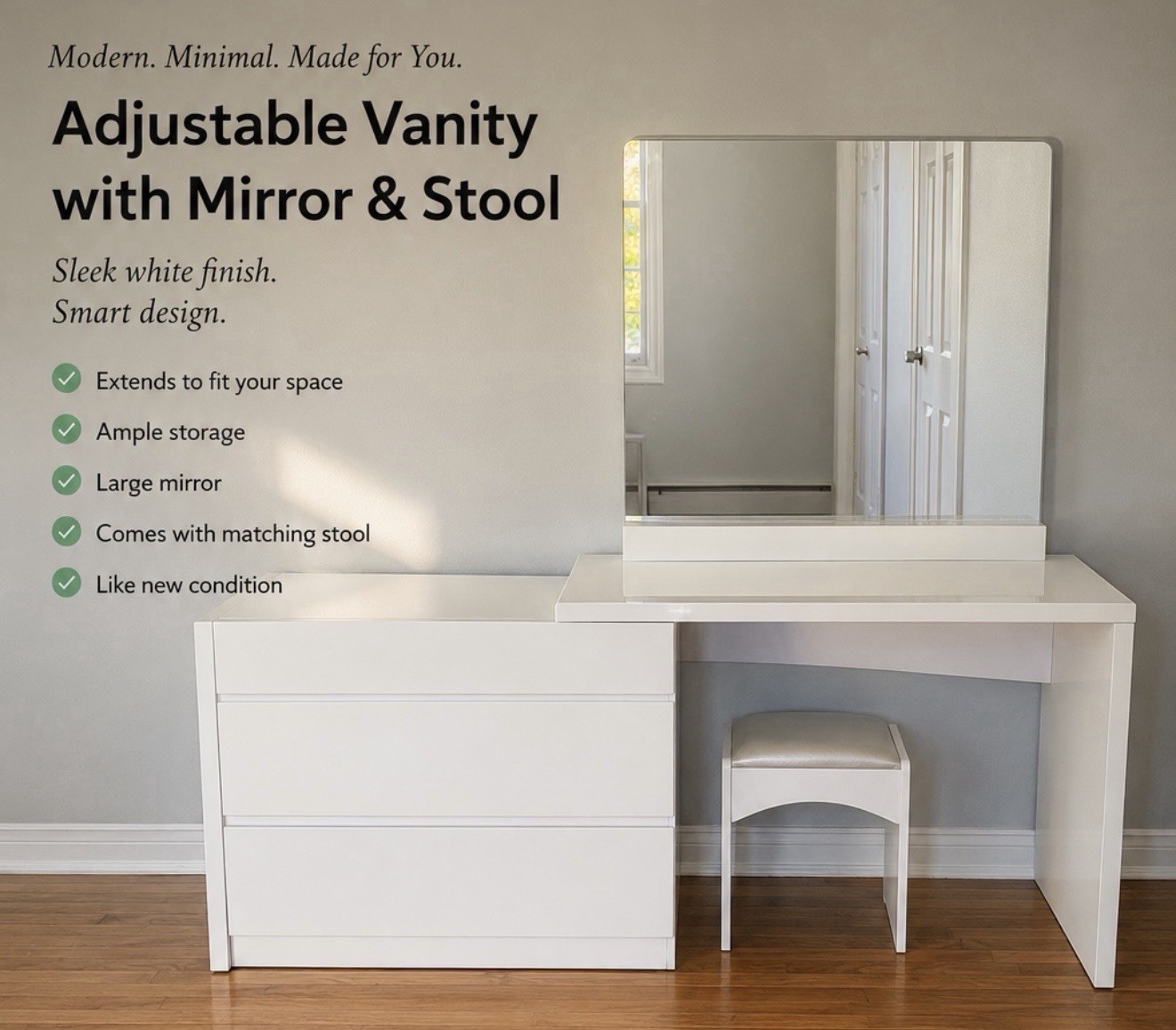 Adjustable Vanity Set- Mirror, Stool & Storage Included | High Gloss