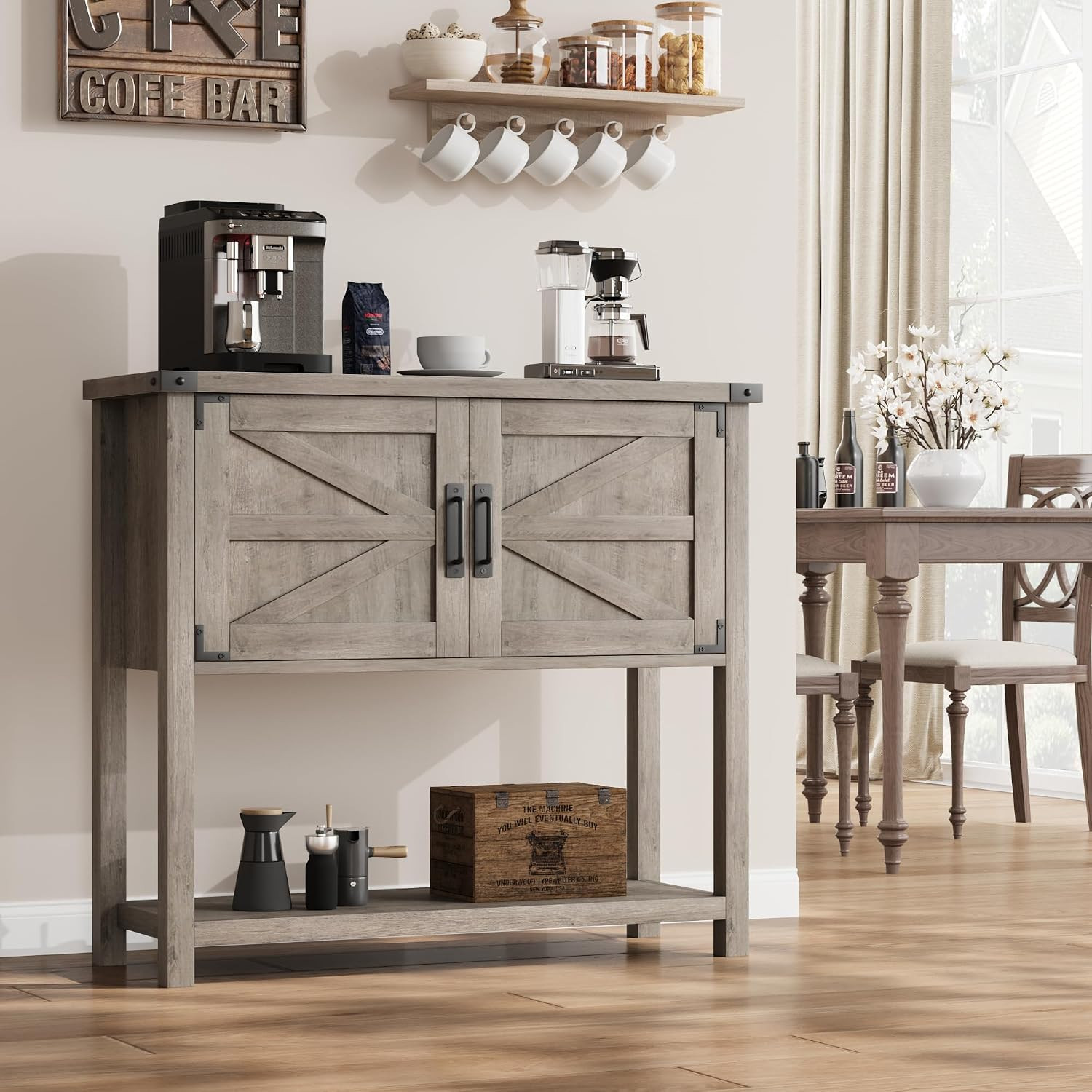 Gray Farmhouse Entryway Table with 2 Door Storage for Living Room & Kitchen