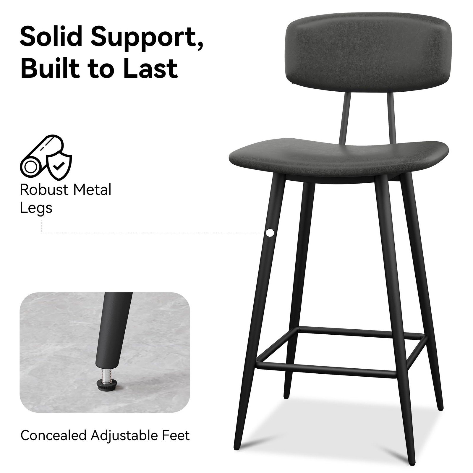 25.6in H Barrel Back Bar Stools Set of 4 Faux Leather Metal Frame Rustic Grey