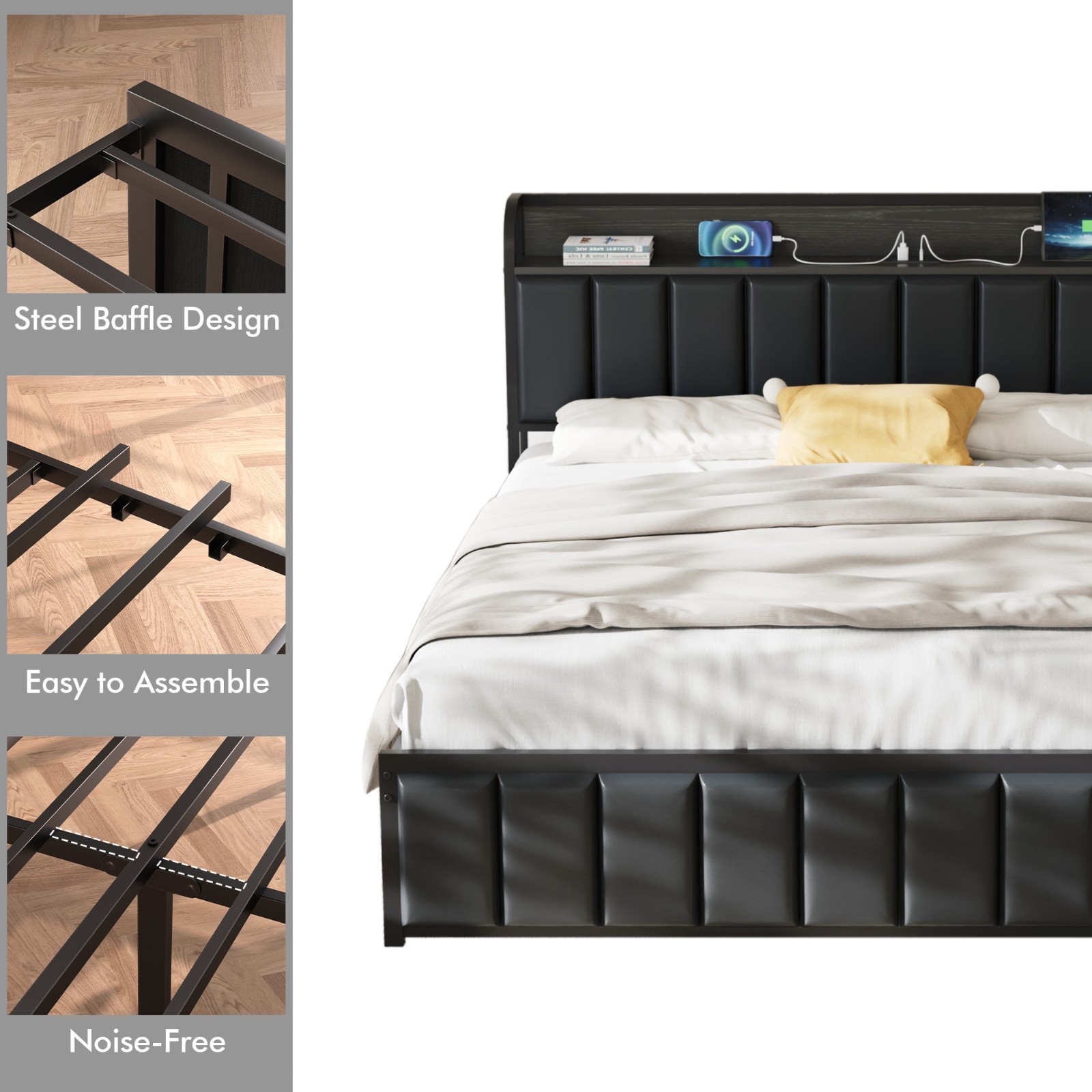 Bed Frame with Storage Headboard Power Outlet Twin Full Queen Size Metal Bed