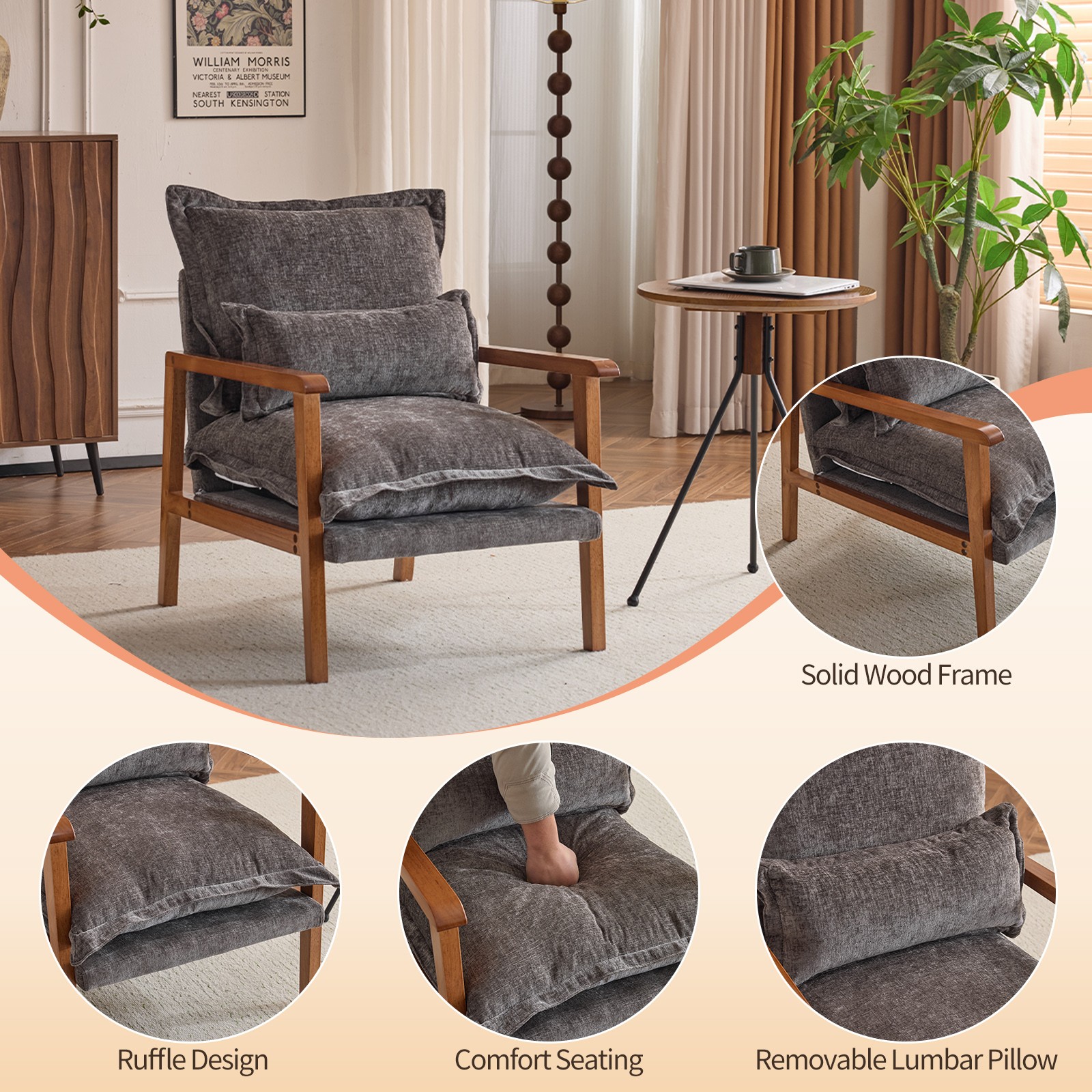 Cloud Shaped Chenille Fabric Accent Chair Solid Wood Armrest Frame Single