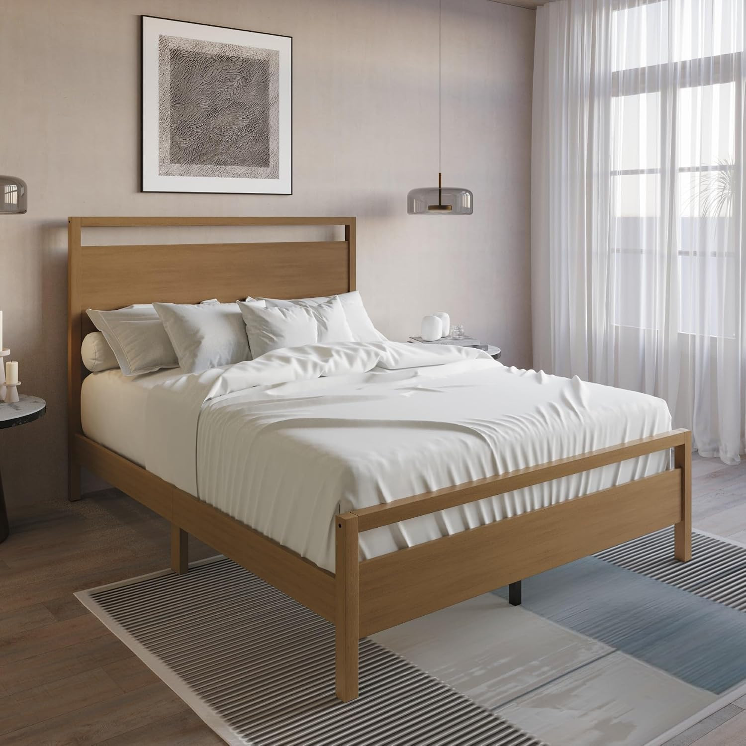 Ontario Queen Size Panel Bed, Transitional Wood Frame with Sleek Panel Headboard
