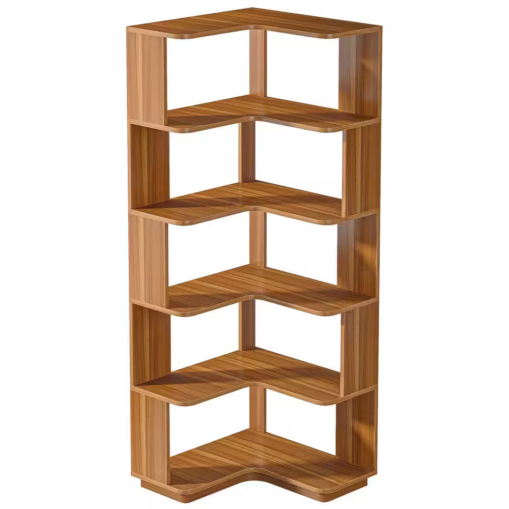 Eula 65 In. Tall Brown Wood 6-Shelf Etagere Standard Farmhouse Corner Bookcase H
