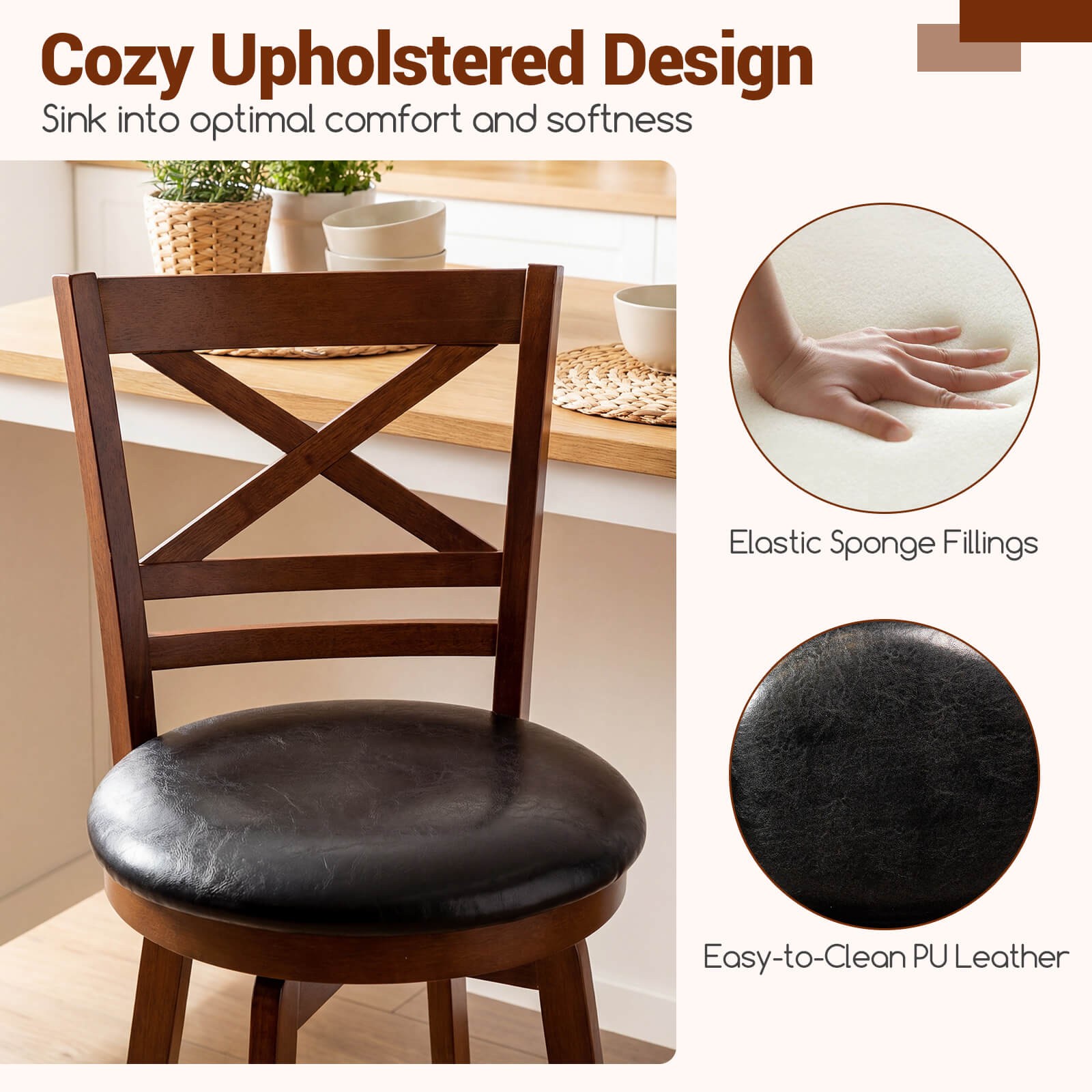 30.5” Swivel Barstools Set of 2 w/Backrest Faux Leather Upholstered Seat for Pub