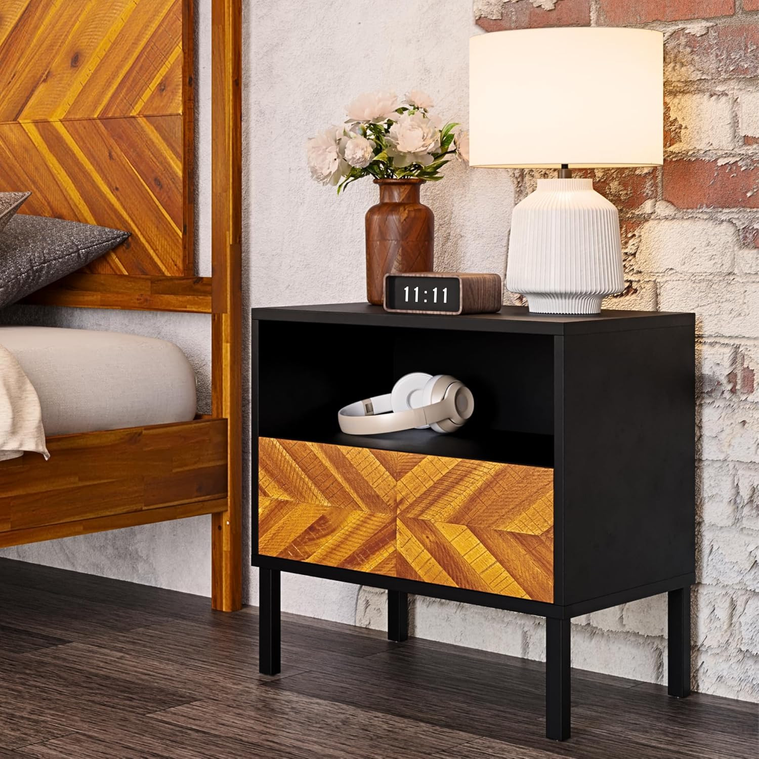 Rustic Herringbone Wood Nightstand – Easy Assembly, Golden Brown & Black Finish