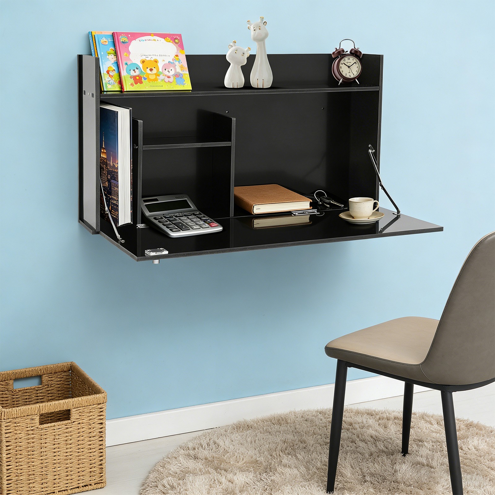 80*42*15cm Black Multifunctional Floating Desk Wall-mounted Foldable Cabinet