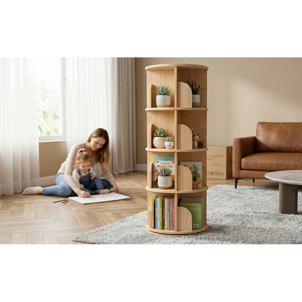4 Tier Rotating Bookshelf,Round Floor Standing Bookcase w/ 360° Spinning Storage