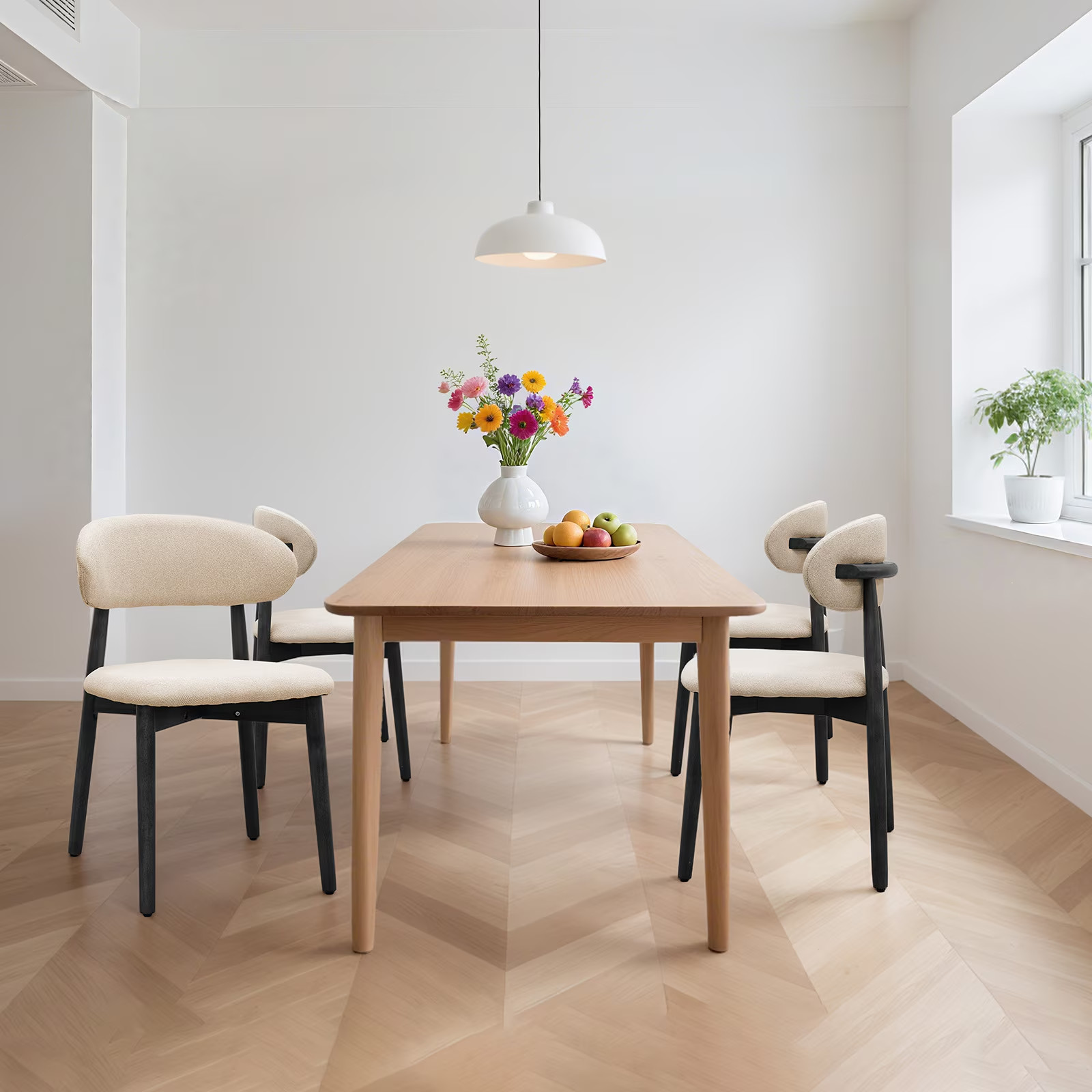 Beige Cotton-Linen Upholstered Dining Chair Set of 2, Solid Wood Legs