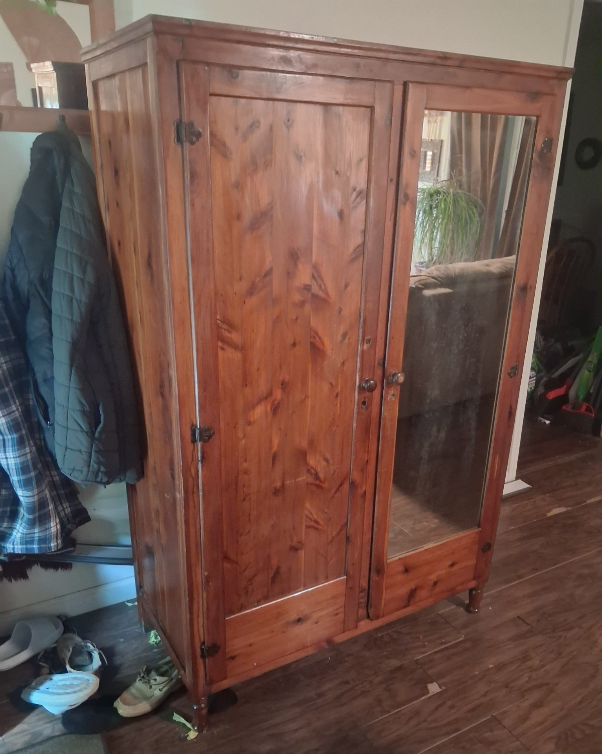 Freestanding Wardrobe Armoire Wood Brown Medium Tone 2 Hinged Doors Mirror