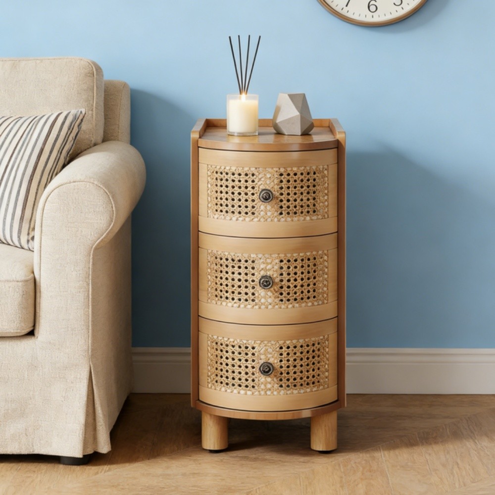 End Table Wood Bedside Table Side Table with Three Spacious Rattan Drawers