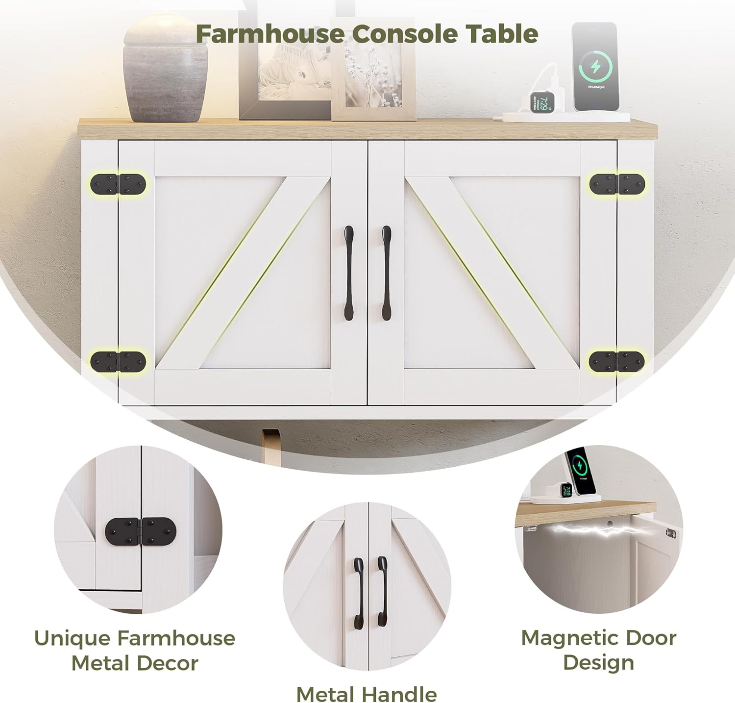 Farmhouse Console Table with Storage Cabinet, Entryway Table with Shelf, Coffee
