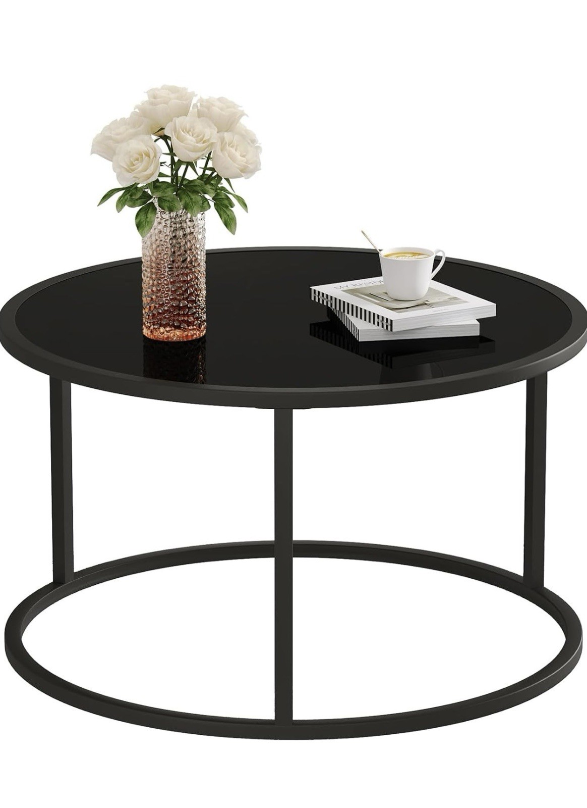 Black Glass Coffee Table Small round Coffee Tables 27.6In Modern Tempered Glass
