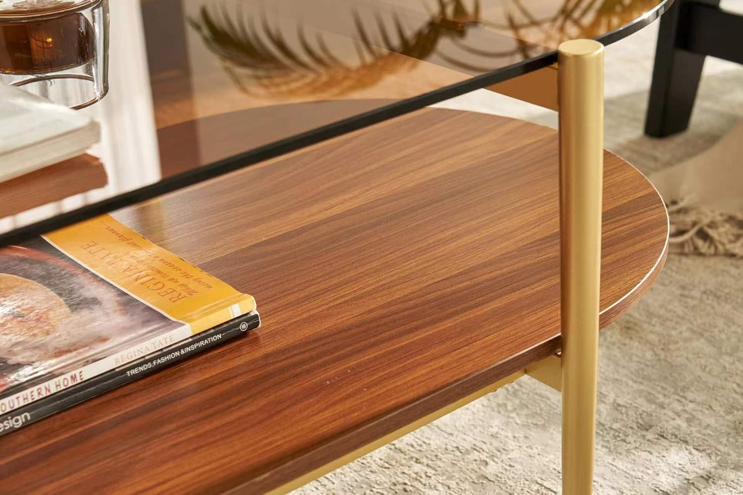 Oval Coffee Table, Mid-Century Modern Design, 2-Tier Structure, Amber Glass Top
