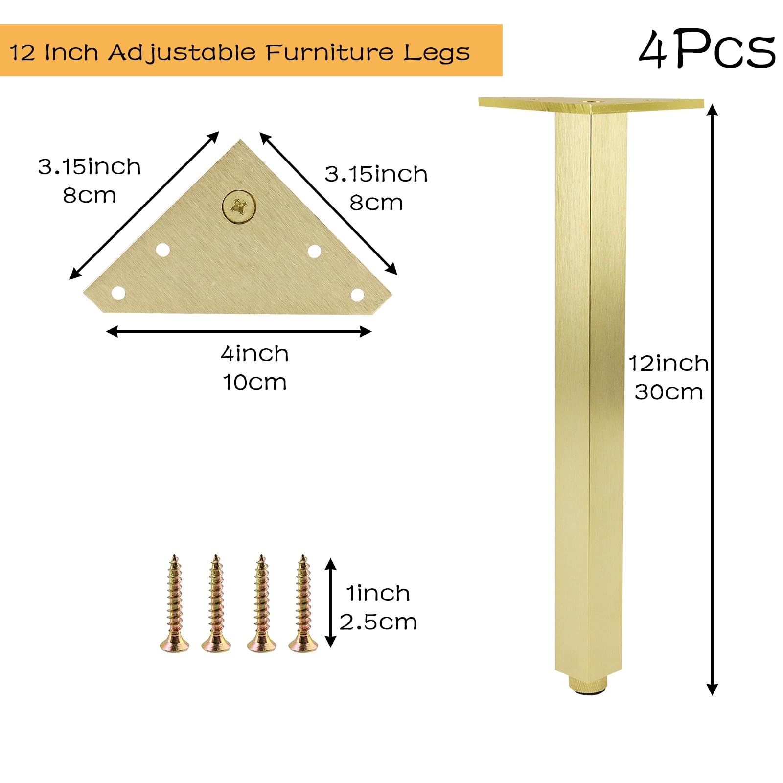 4 PCS 12 Inch Adjustable Square Furniture Legs 1000lbs Capacity Gold Feet