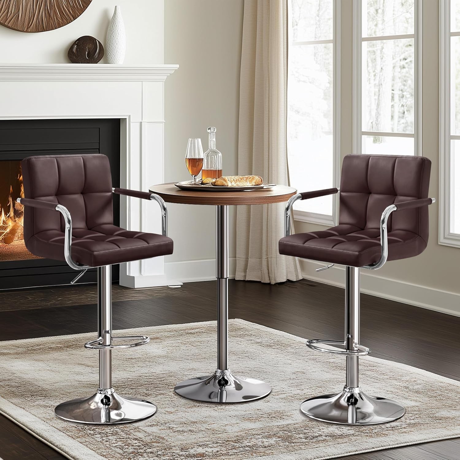 Bar Stools Set of 2 Adjustable PU Leather Swivel Barstools Modern Counter Stools