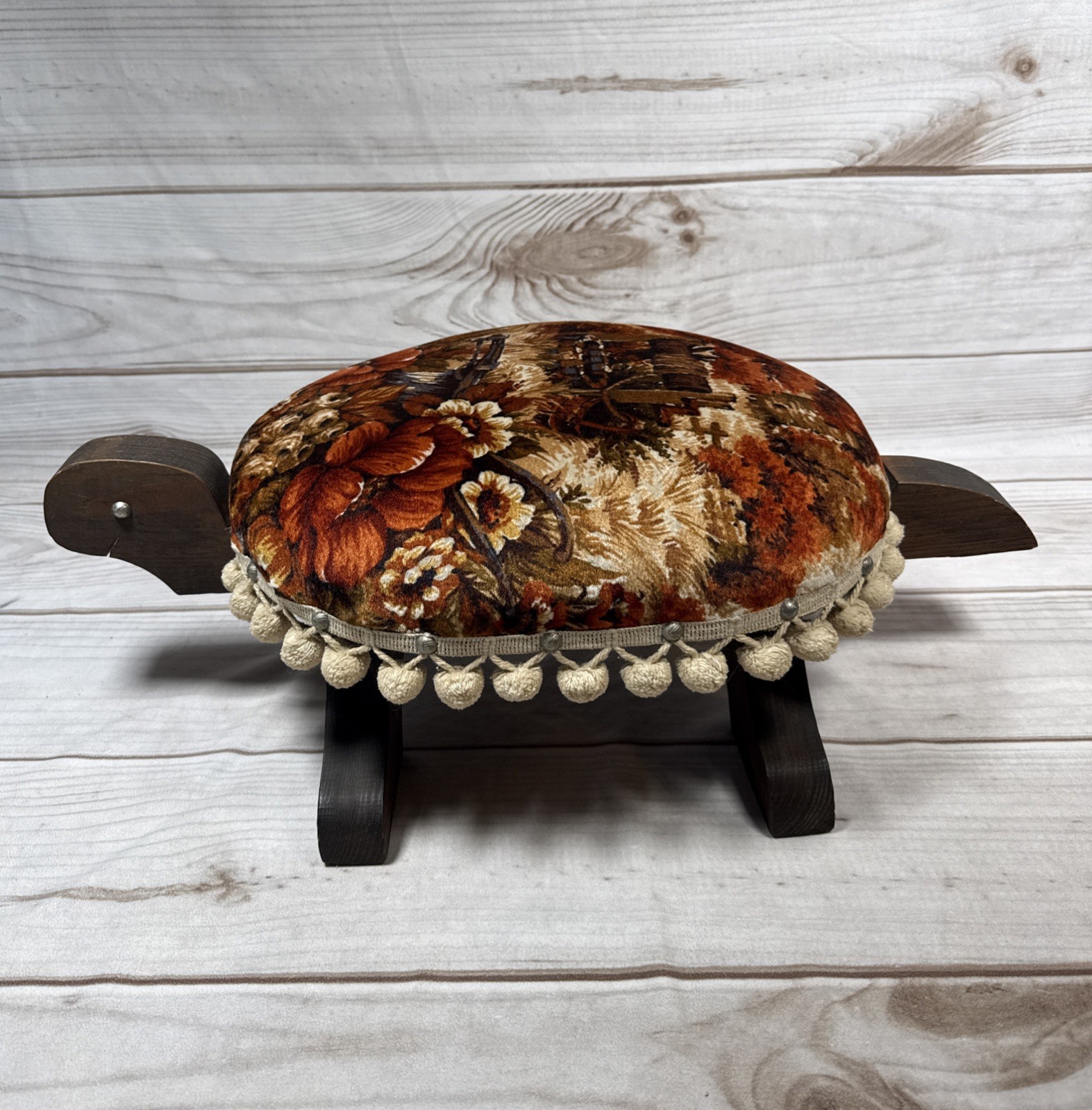 VTG 70’s Turtle Footstool Ottoman Wood Upholstered Pom Pom Orange Floral MCM