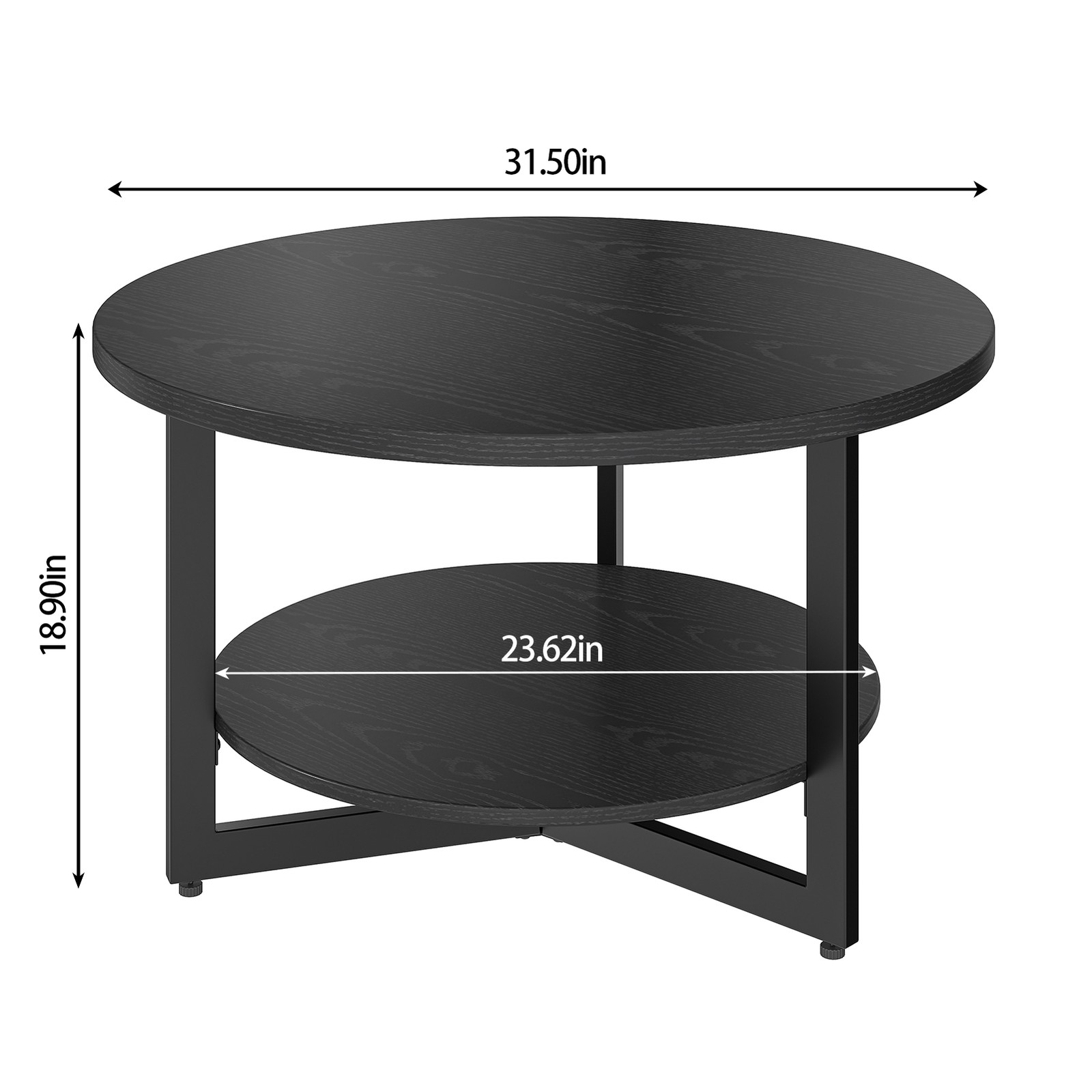 31.5in Round Coffee Table Double Tier Storage Shelf Industrial Living Room Furni