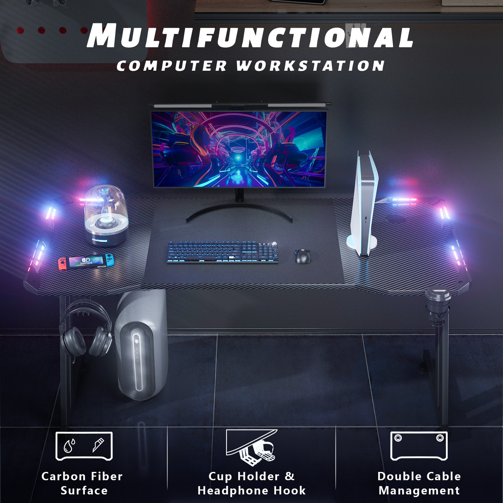 Gaming Desk with LED Light, Computer Desk with Mouse Pad, Ergonomic Gaming Table