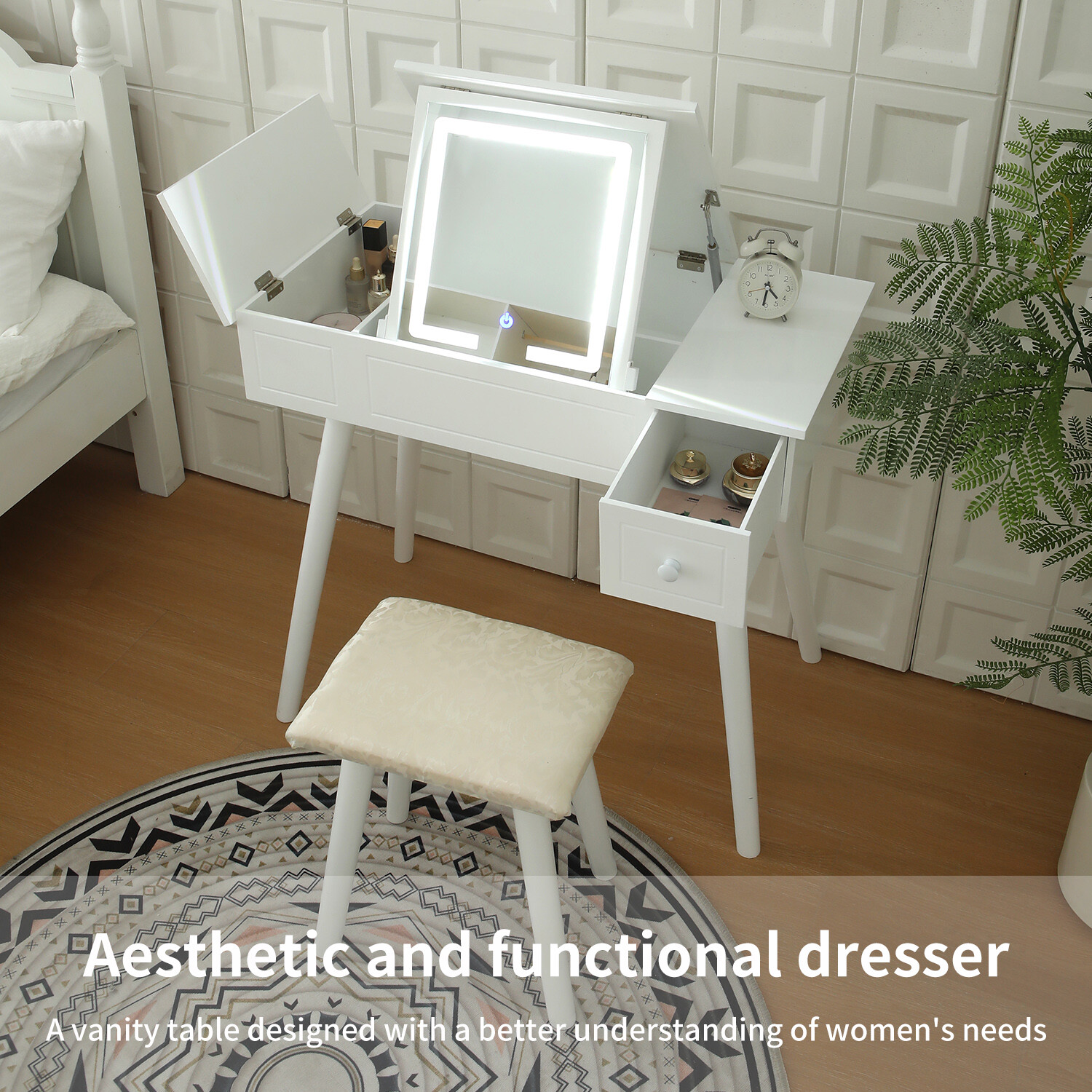 Vanity Table Stool Set LED Mirror Flip Top Makeup Dressing Table Writing Desk US