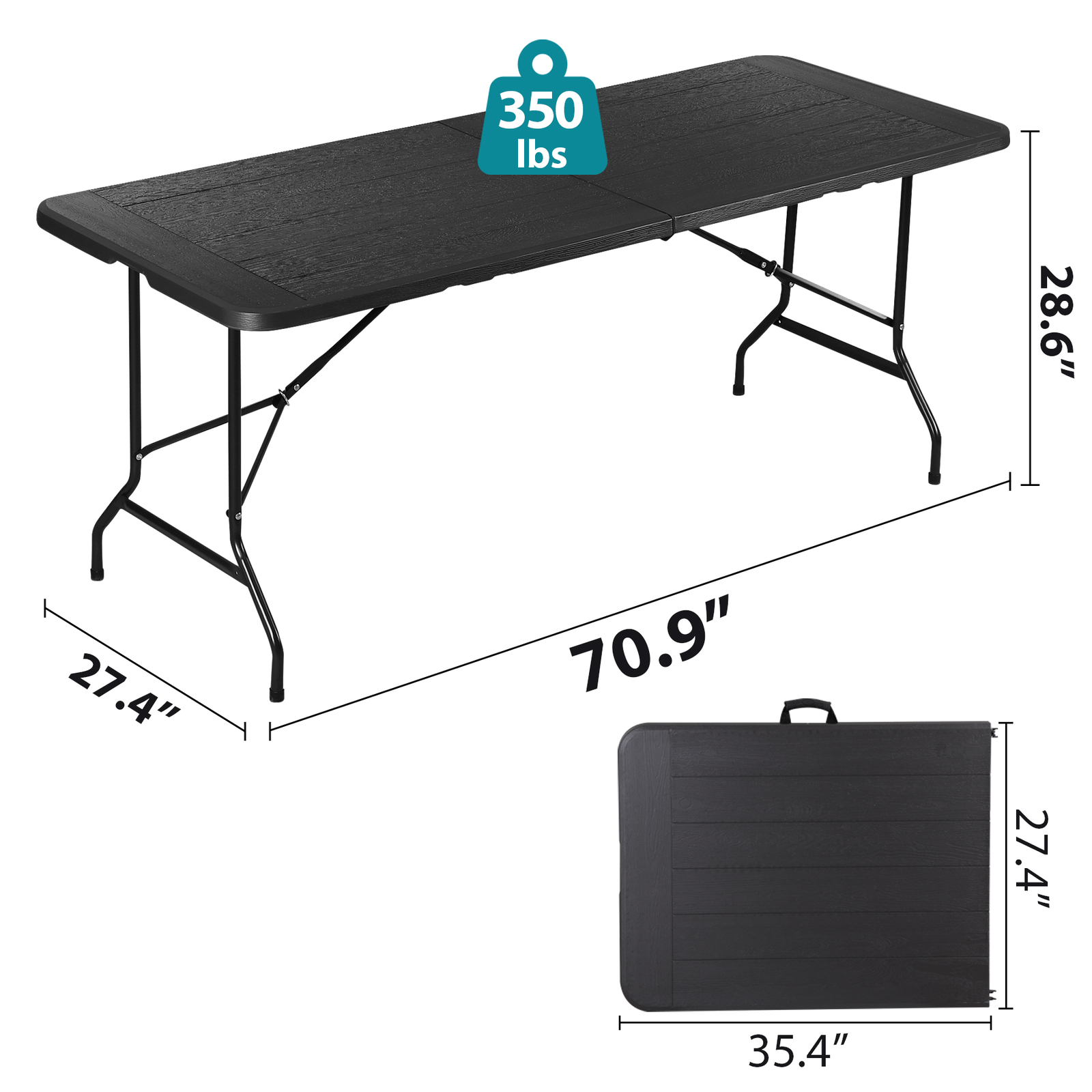 6Ft Folding Table Black Plastic Camping Picnic Table for Garden Backyard Kitchen