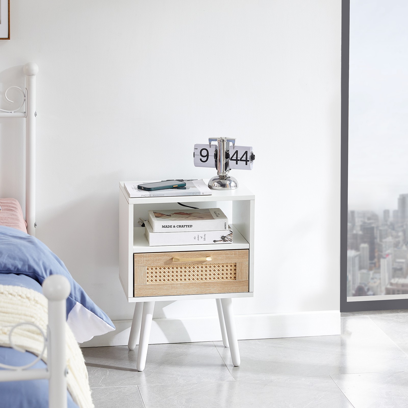 15.75″ Rattan End Table with Drawer, USB Ports & Outlet, White