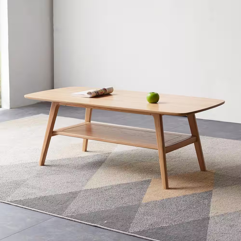 47.24 In. Natural Oak Rectangle 100% Solid Wood Coffee Table with Storage Shelf