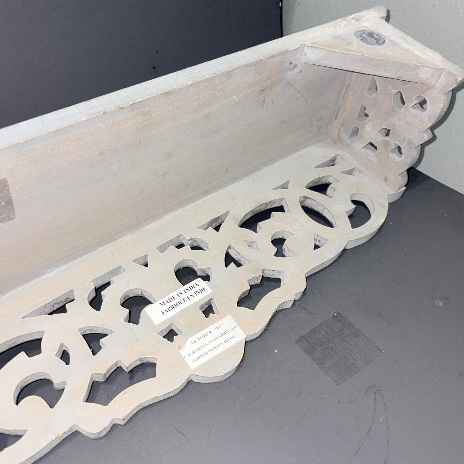 Handcrafted Indian Wood Wall Shelf Ornate Carved Scrollwork Distressed Grey 24in